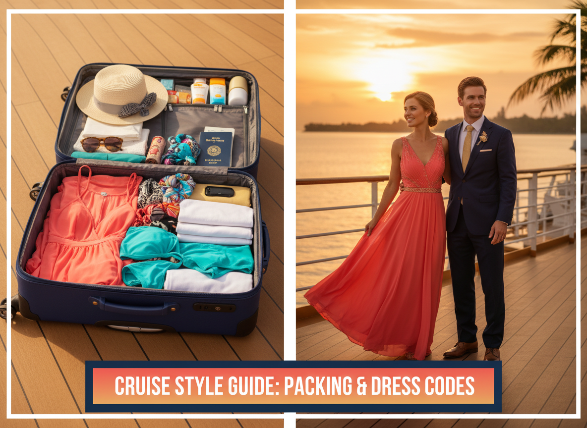 A vibrant, eye-catching blog thumbnail for a cruise travel guide about packing and dress codes. Split composition: one side shows an open suitcase neatly packed with colorful vacation clothes, sunscreen, and travel essentials; the other side shows an elegant couple in formal cruise attire (cocktail dress and suit) on a luxurious cruise ship deck at sunset. Warm golden light, tropical ocean background, modern and playful travel blog style. Text overlay area at the bottom. Bright, inviting colors — coral, gold, and navy blue.